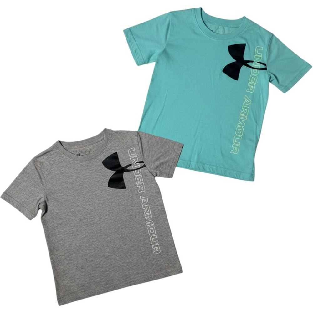 Under Armour T-Shirts Kids Size 6 Gray Teal Graphic Logo Short Sleeve 2-Pack